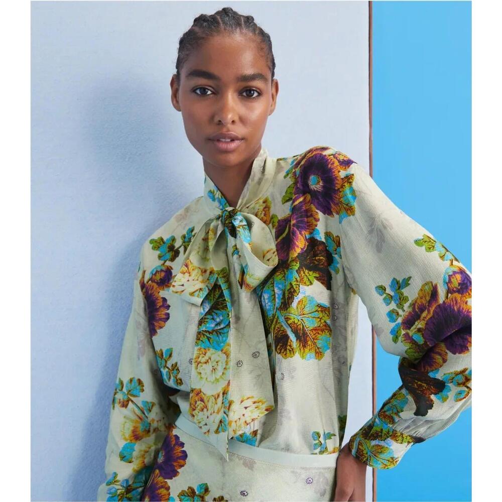 Sold Tory Burch Printed Viscose Bow Blouse top $448 size 14 NN34 - Picture 1 of 10